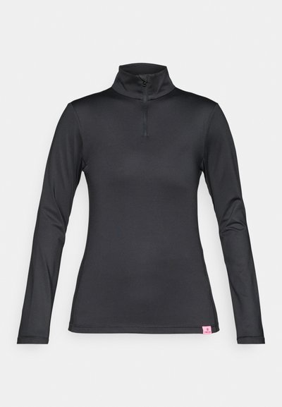 Top preto de manga longa com gola alta e fecho de correr de um quarto. Feito de um tecido suave e elástico com um pequeno logo rosa na barra.