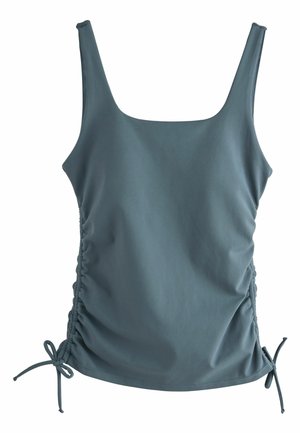 Sleeveless tank top in a muted teal blue color. Features a square neckline, gathered side seams, and adjustable ties at the hem. Smooth texture.