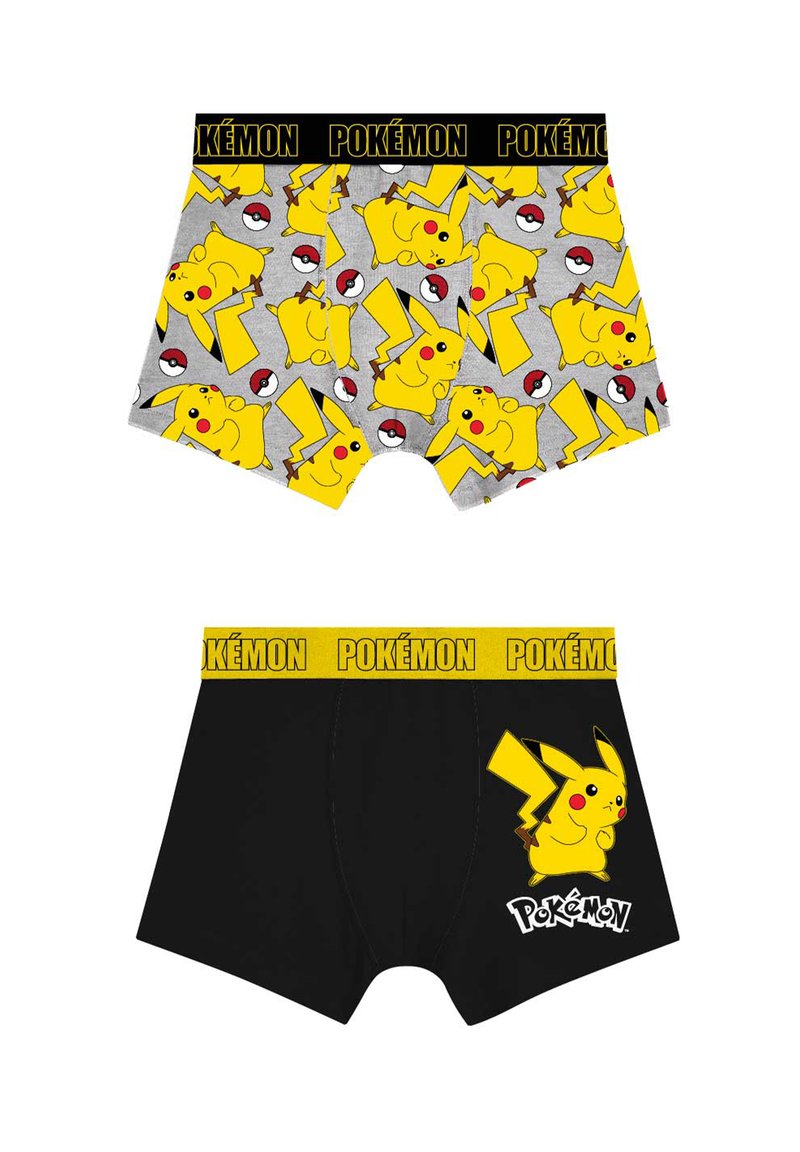 Deux paires de boxers pour garçons avec des motifs Pikachu et Poké Ball, portant une ceinture jaune ornée du logo "Pokémon".