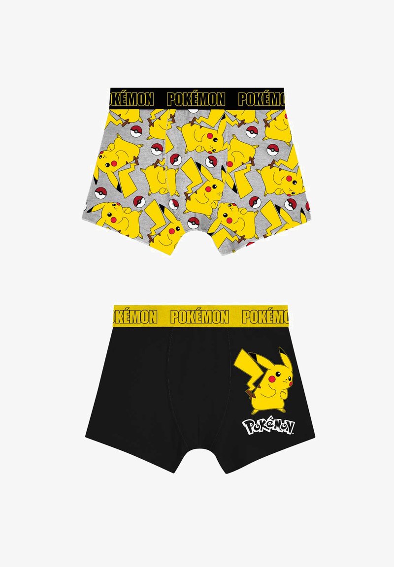 Deux paires de boxers pour garçons avec des motifs Pikachu et Poké Ball, portant une ceinture jaune ornée du logo "Pokémon".
