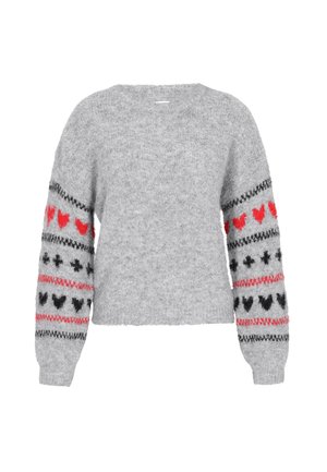 Hallik hall soe kootud sviiter pikade varrukatega. Omab värvikirevaid südame ja ristmustreid punases ja mustas varrukatel. Lühendatud disain.