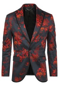 Blazer con motivo floreale blu scuro con fiori rossi. Presenta un colletto a punta, chiusura a un bottone e tasche a pattina. Materiale testurizzato.