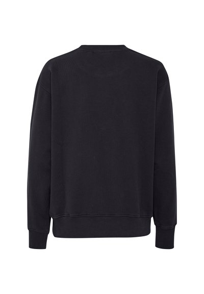 Fekete pulóver kerek nyakkivágással, bordázott mandzsettákkal és laza szabással. Puha anyagból készült, sima tapintással, egyszerű dizájnnal.