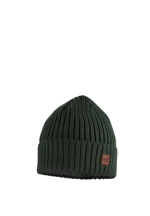 Dark green ribbed knit winter beanie with folded cuff and small brown square patch on cuff.