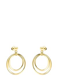 Orecchini a cerchio in oro caratterizzati da due cerchi concentrici, con finitura lucida e chiusura a perno sicura. Design leggero con superficie liscia.