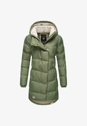 Manteau rembourré vert avec une finition texturée, doté d'une capuche, de fermetures à boutons, d'une poche zippée et d'un intérieur en polaire.