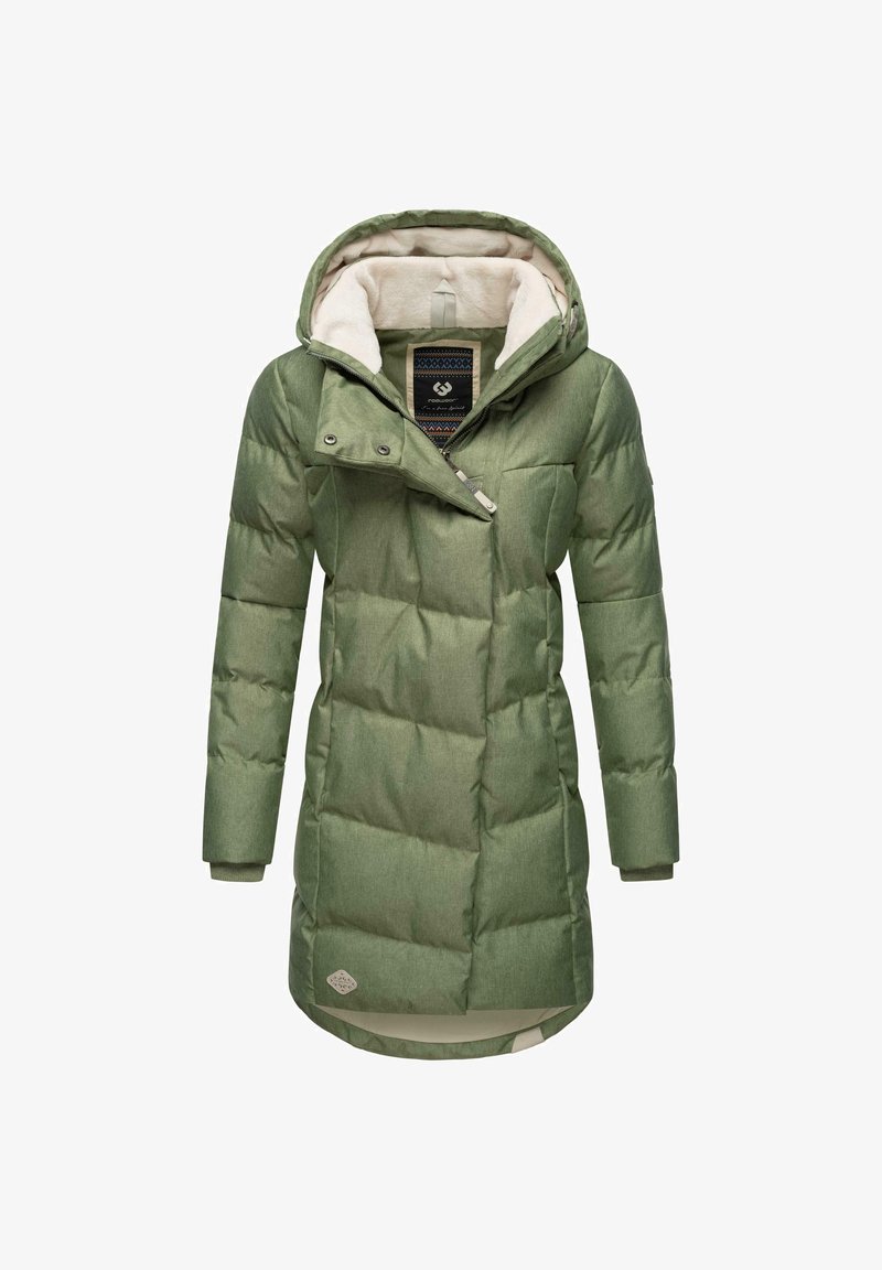 Green puffer coat with a textured finish, featuring a hood, button closures, a zip pocket, and a fleece-lined interior.