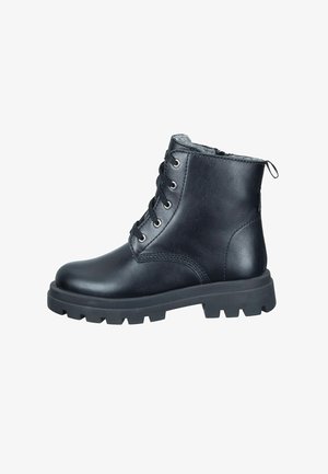 Black leather ankle boots with a sturdy rubber sole, lacing in the front, and a soft interior lining. Features a pull tab at the back.