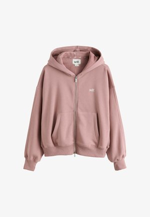 Pink zip-up hoodie with front pockets, ribbed cuffs and hem, and "self." logo on chest and inside collar.