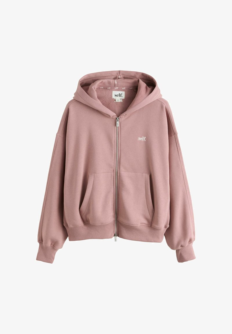 Pinkfarbener Kapuzenpullover mit Reißverschluss, Vorderentaschen, gerippten Bündchen und Saum sowie "self."-Logo auf der Brust und der Innenseite des Kragens.