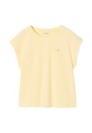 Light yellow short-sleeve toddler shirt with round neckline and small glittery heart detail on the left chest.