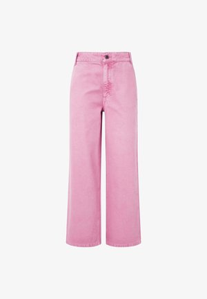 Roosa lai säärega püksid kõrge vöökohaga, valmistatud puuvillast, esiküljel nupuga sulgemine ja õmblusdetailid õmbluste ääres.