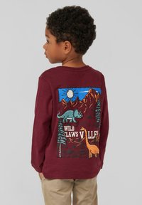 Bordeauxrotes Langarm-T-Shirt mit einem bunten Dinosaurier-Design auf dem Rücken, umgeben von Bäumen und Bergen, sowie dem Text "WILD CLAWS VALLEY."