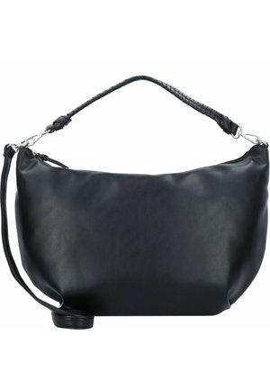 Schwarze Lederhandtasche mit geschwungener Form, geflochtenem Griff und abnehmbarem Riemen, mit glatter Textur und Reißverschluss.