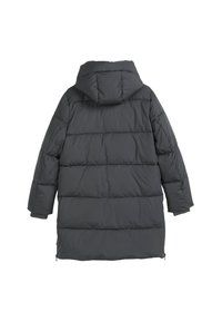 Puffer coat in dark gray, featuring a hood, long sleeves, a quilted design, and side zipper accents for added functionality.