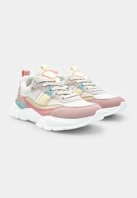 Leather and textile sneakers with a white midsole, pastel pink, yellow, and teal accents, featuring a padded collar and lace-up design.