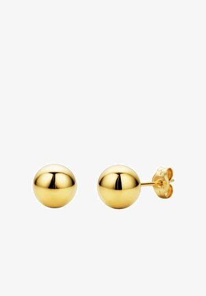 Gold metal stud earrings featuring a spherical design, smooth texture, and shiny finish, secured with classic butterfly clasps.