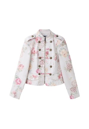 Veste blanche à fleurs avec des fleurs roses et beiges, boutons décoratifs en bronze, fermeture éclair devant et manches longues.
