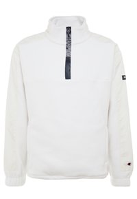 Biały polarowy sweter z pół-zamkiem z przodu, z napisem "Champion" oraz naszywkami z logo na lewym rękawie i przy zamku.