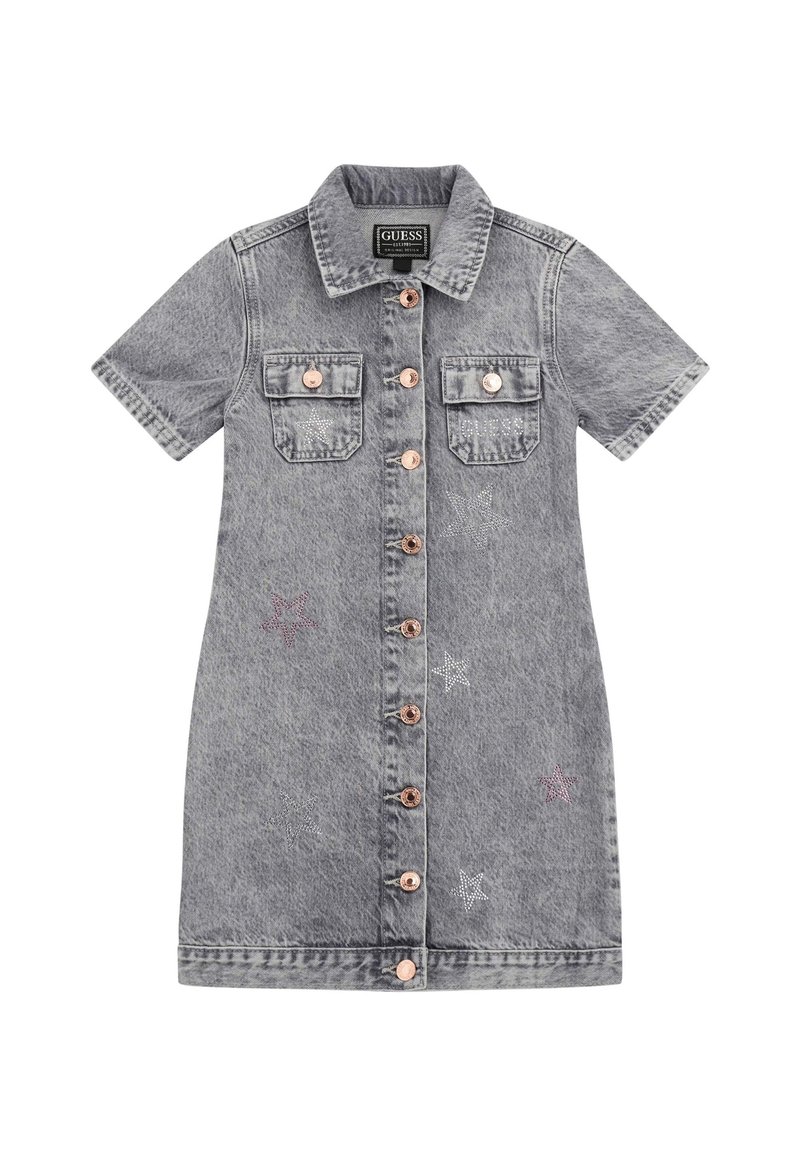 Jeanskleid in Grau, mit Kurzärmeln, zwei Brusttaschen und roségoldenem Knopfverschluss. Mit Sternmustern in Pink und Silber verziert.