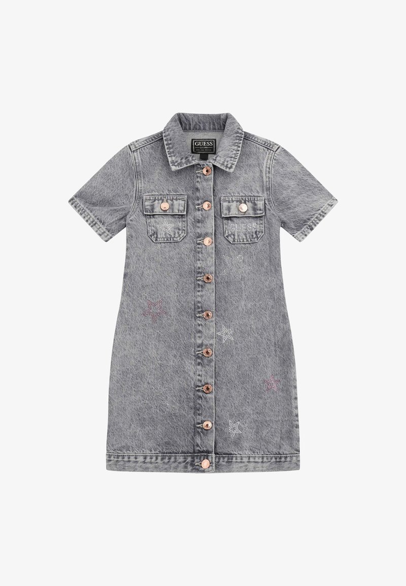 Jeanskleid in Grau, mit Kurzärmeln, zwei Brusttaschen und roségoldenem Knopfverschluss. Mit Sternmustern in Pink und Silber verziert.