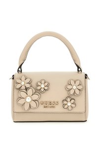 Sac à main en cuir nude avec une forme structurée, orné d'appliqués floraux et d'accents en perles. Dispose d'une poignée supérieure et d'un détail en logo doré.