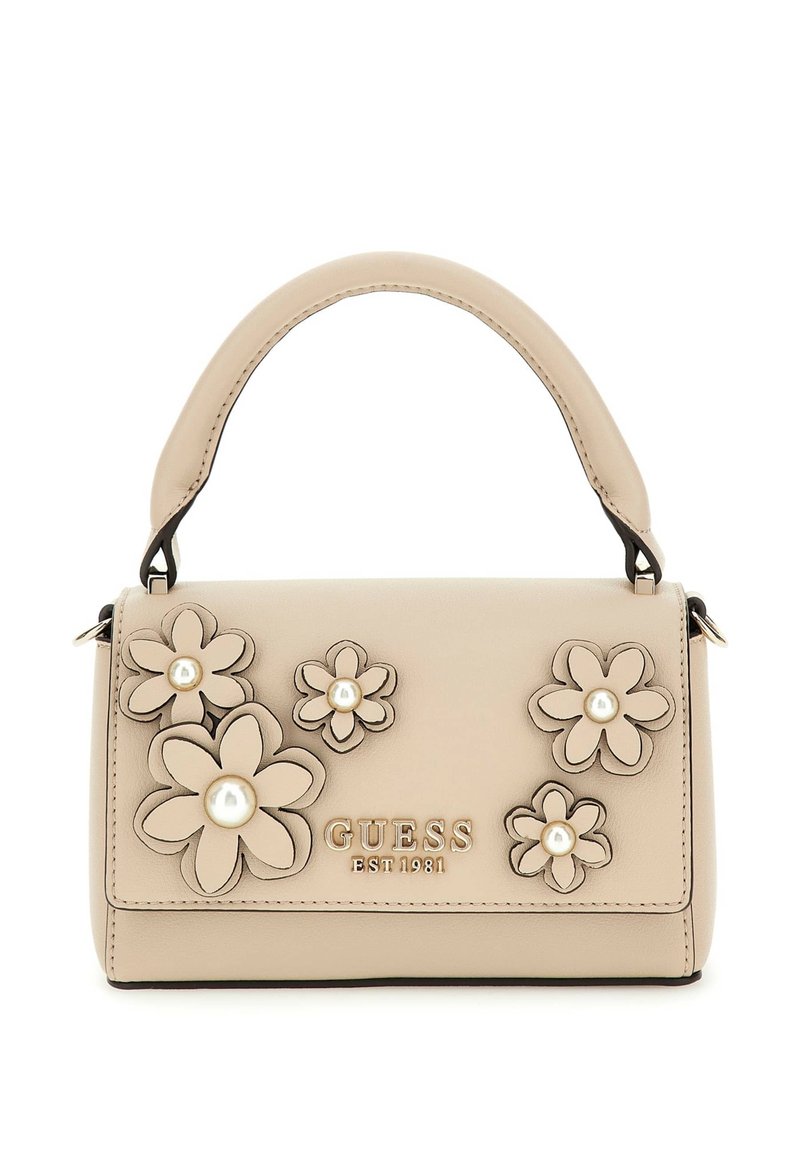 Sac à main en cuir nude avec une forme structurée, orné d'appliqués floraux et d'accents en perles. Dispose d'une poignée supérieure et d'un détail en logo doré.