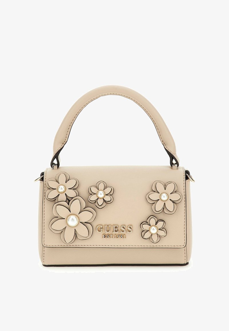 Meztelen bőr kézitáska struktúrált formában, virág appliquékkal és gyöngyös díszítéssel. Felső fogantyúval és arany logóval rendelkezik.