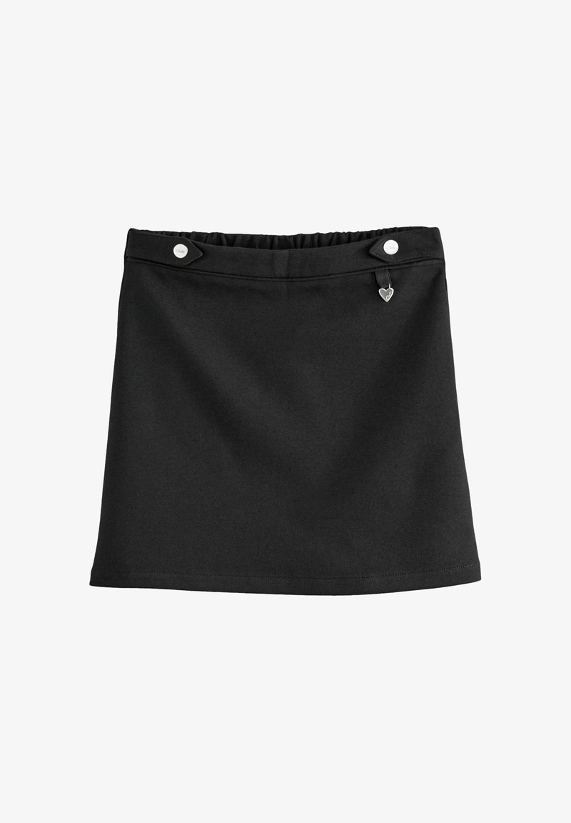 Zwarte rok gemaakt van zachte stof, met een elastische tailleband, twee witte knoopaccenten en een klein hartvormig detail aan de zijkant.