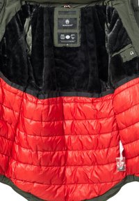Insulated jacket featuring a dark green outer shell, bright red quilted lining, black faux fur interior, and zippered pockets.