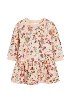 Robe beige à manches longues pour tout-petit avec jupe froncée, décorée d’un motif floral et feuillage multicolore.