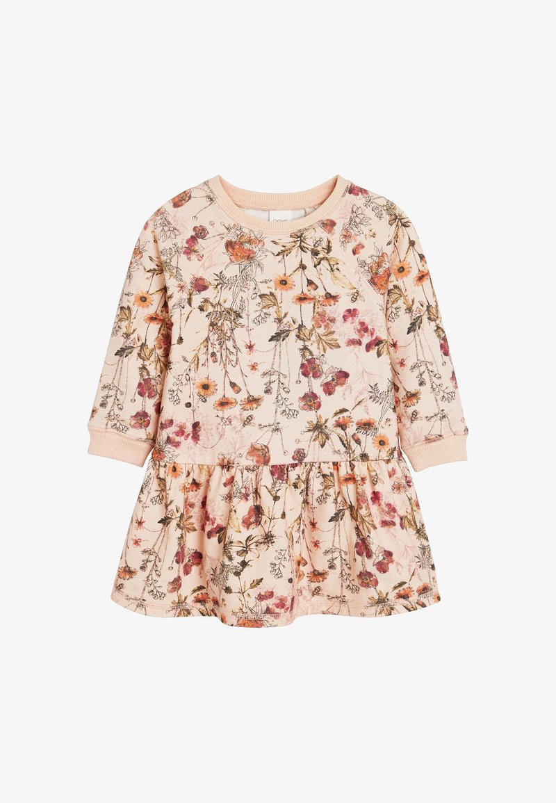 Robe beige à manches longues pour tout-petit avec jupe froncée, décorée d’un motif floral et feuillage multicolore.