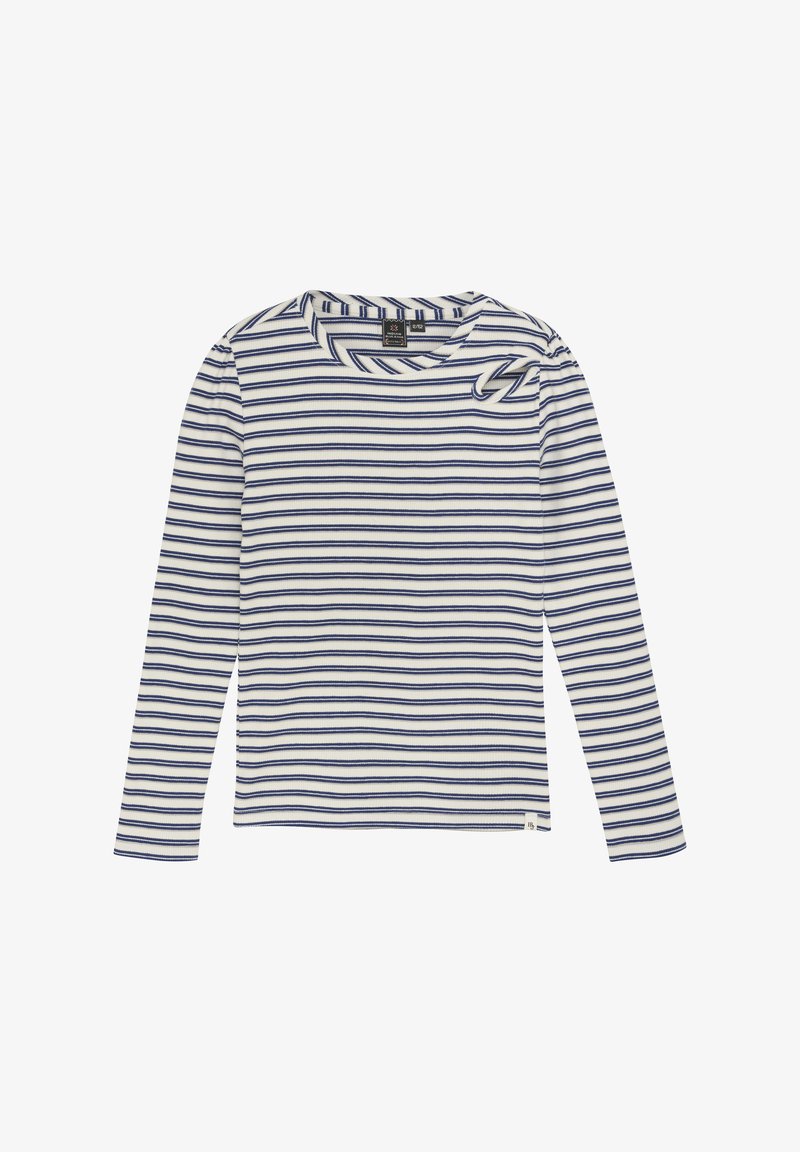 Långärmad skjorta med vita och marinblå horisontella ränder, med rund halsringning och en blixtdetalj på axeln.