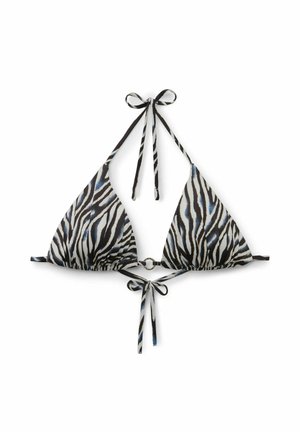 Dreieck-Bikini-Oberteil mit schwarzen, weißen und blauen Zebrastrifen, mit Neckholder- und Rückenbändern und einem kleinen Ringdetail in der Mitte.