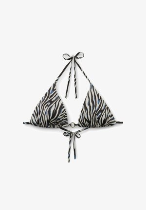 Dreieck-Bikini-Oberteil mit schwarzen, weißen und blauen Zebrastrifen, mit Neckholder- und Rückenbändern und einem kleinen Ringdetail in der Mitte.