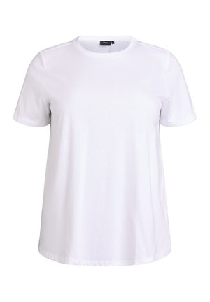 Weißes Baumwoll-T-Shirt mit kurzen Ärmeln, Rundhalsausschnitt und geradem Schnitt. Weiche Textur ohne sichtbare Logos oder Muster.