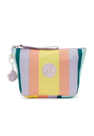 Petite pochette zippée avec des rayures verticales pastel en jaune, pêche, lavande, bleu sarcelle et menthe, ornée d'un logo rond et d'un porte-clés peluche.