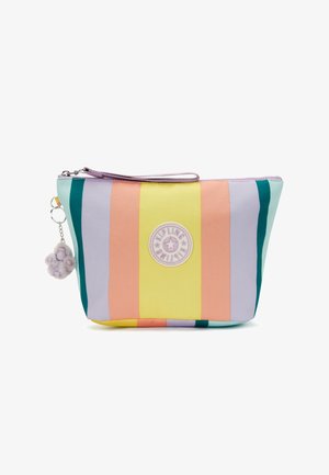 Malá kapsa na zip s vertikálními pastelovými pruhy v barvách žlutá, broskvová, levandulová, tyrkysová a mátová, s kulatým logem a nadýchaným přívěskem na klíče.