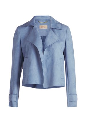 Hellblaues Lederjacke mit Reverskragen, langen Ärmeln und Knopfakzenten. Sie hat ein kurzes Design und eine weiche, samtartige Textur.