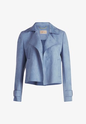 Lichtblauwe leren jas met een insnijding aan de kraag, lange mouwen en knoopaccenten. Beschikt over een cropped ontwerp en een zachte, suede-achtige textuur.