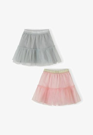 To-lags tylskørt med elastiske taljebånd, en i grå og en i pink, vist på en hvid baggrund.