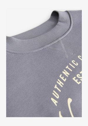 Grau Sweatshirt mit geripptem Rundhalsausschnitt, strukturiertem Stoff und gelbem Grafikdruck mit Schriftzug und Designelementen.