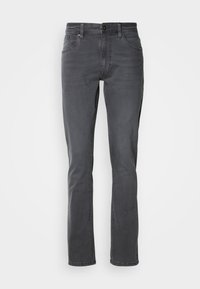 Jeans in denim grigio con una vestibilità dritta, design standard a cinque tasche, passanti per cintura e chiusura a bottone. Tessuto liscio e cuciture minime.
