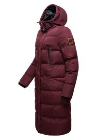 Burgundy puffer coat with a hood, featuring a zip front, two front zip pockets, and a textured black accent on the sleeve.