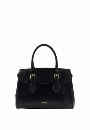 Sac à main structuré noir avec deux poignées, détails de boucle dorée et logo "GUESS Collection" au centre devant.