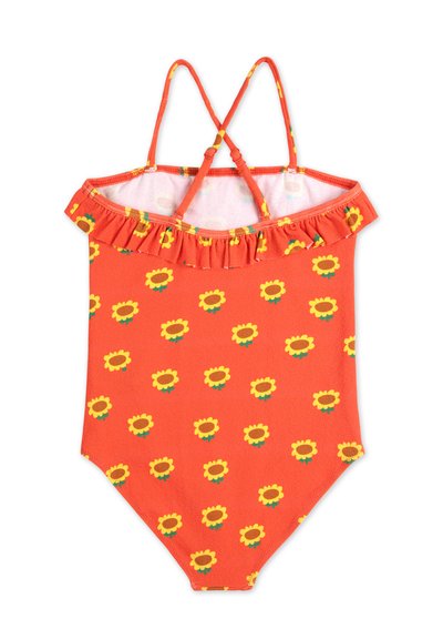 Maillot de bain rouge avec motif de tournesols, décolleté volanté et fines bretelles. Fabriqué en tissu extensible, avec une texture lisse.
