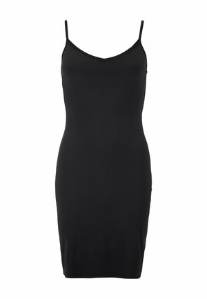 Zwart bodycon jurk met een V-halslijn, dunne bandjes en een gladde, soepele textuur. Ontworpen voor een strakke, aansluitende pasvorm.