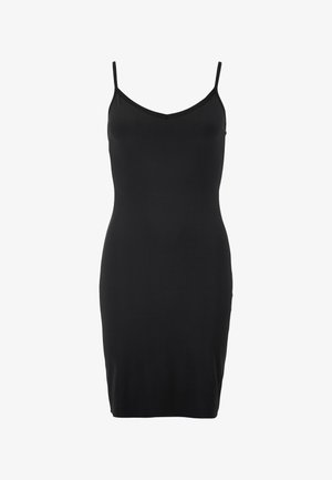 Sort bodycon kjole med V-udskæring, tynde stropper og en glat, strømlinet tekstur. Designet til en tætsiddende silhuet.