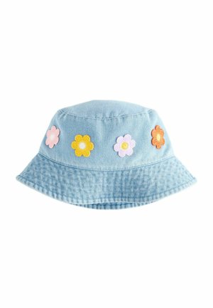 Lyseblå denim bucket hat med broderede pink, gule og orange blomster design jævnt fordelt rundt om kronen.