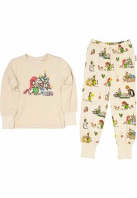 Barns pyjamas-set i krämfärg, med en långärmad topp med en julgran-design och mönstrade byxor med festliga illustrationer.